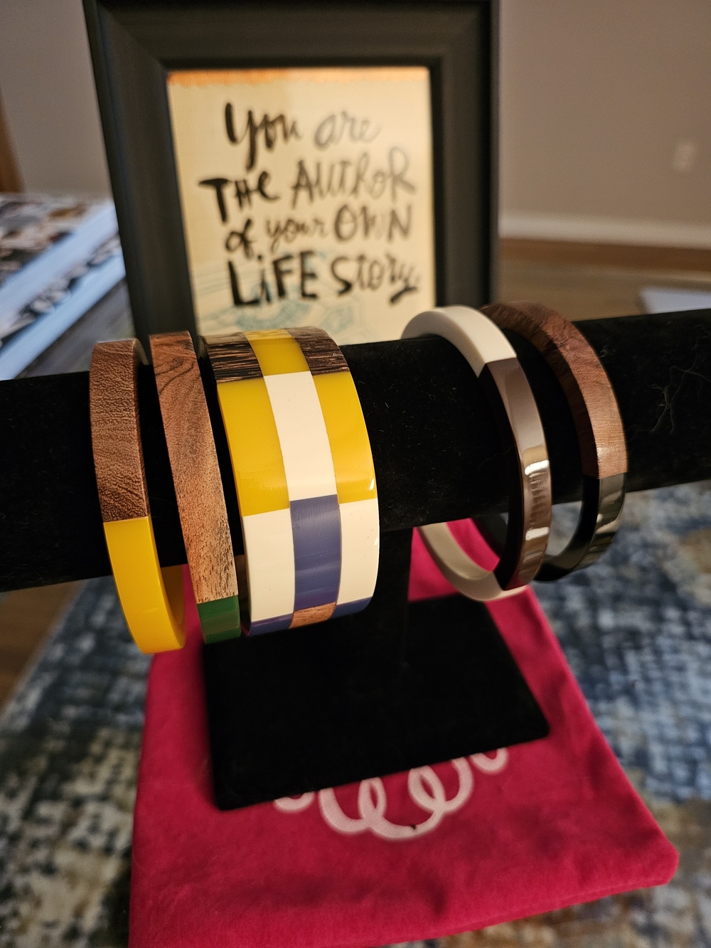 Colorblock Resin & Wood Bangle Bracelet Set - Yellow, White, Blue, Brown